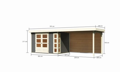 Karibu Kerko 4. Lapostetős kerti ház, modern sarokablakkal, hátfallal rendelkező bővítménnyel/terasszal terra szürke színű fából 561 cm x 217 cm