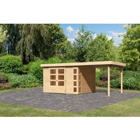   Karibu Kerko 5. Nagyméretű lapostetős kerti ház, modern sarokablakkal, bővítménnyel/terasszal, natúr fából 522 cm x 246 cm