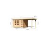   Karibu Kerko 5. Nagyméretű lapostetős kerti ház, modern sarokablakkal, bővítménnyel/terasszal, natúr fából 522 cm x 246 cm