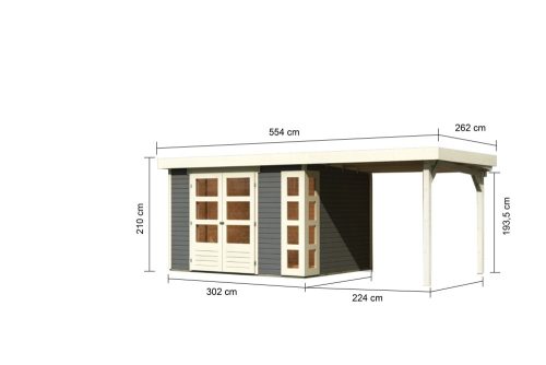 Karibu Kerko 5. Nagyméretű lapostetős kerti ház, modern sarokablakkal, bővítménnyel/terasszal, terra szürke színűfából 522 cm x 246 cm