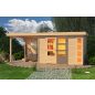   Karibu Kerko 5. Nagyméretű lapostetős kerti ház, modern sarokablakkal, hátfallal rendelkező bővítménnyel/terasszal, natúr fából 522 cm x 246 cm