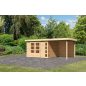   Karibu Kerko 5. Nagyméretű lapostetős kerti ház, modern sarokablakkal, hátfallal rendelkező bővítménnyel/terasszal, natúr fából 522 cm x 246 cm
