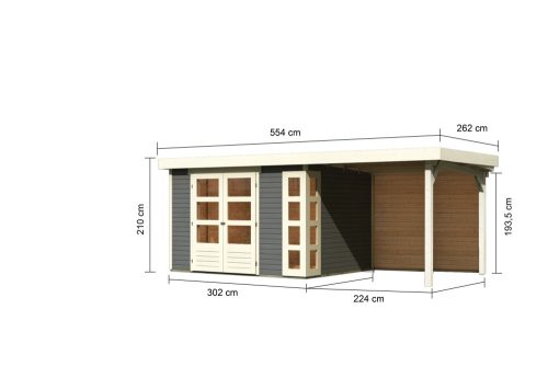 Karibu Kerko 5. Nagyméretű lapostetős kerti ház, modern sarokablakkal, hátfallal rendelkező bővítménnyel/terasszal, terra szürke színű fából 522 cm x 246 cm