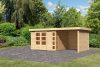 Karibu Kerko 5. Nagyméretű lapostetős kerti ház, modern sarokablakkal, oldal- és hátfallal rendelkező bővítménnyel/terasszal, natúr fából 522 cm x 246 cm