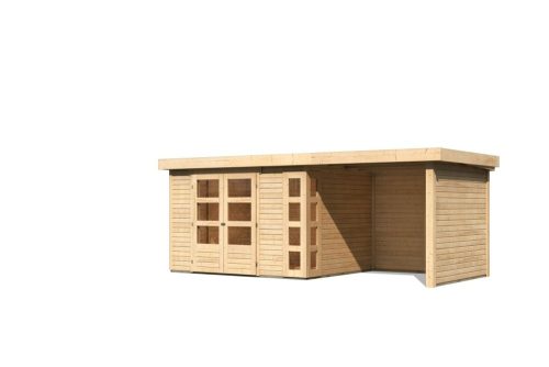 Karibu Kerko 5. Nagyméretű lapostetős kerti ház, modern sarokablakkal, oldal- és hátfallal rendelkező bővítménnyel/terasszal, natúr fából 522 cm x 246 cm