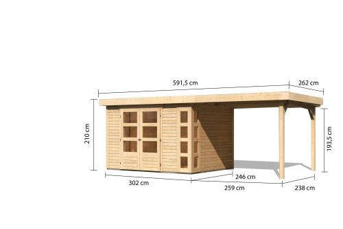 Karibu Kerko 5. Nagyméretű lapostetős kerti ház, modern sarokablakkal, bővítménnyel/terasszal, natúr fából 557 cm x 246 cm
