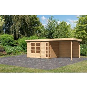   Karibu Kerko 5. Nagyméretű lapostetős kerti ház, modern sarokablakkal, hátfallal rendelkező bővítménnyel/terasszal, natúr fából 557 cm x 246 cm
