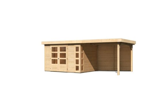 Karibu Kerko 5. Nagyméretű lapostetős kerti ház, modern sarokablakkal, hátfallal rendelkező bővítménnyel/terasszal, natúr fából 557 cm x 246 cm
