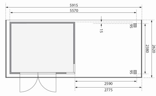 Karibu Kerko 5. Nagyméretű lapostetős kerti ház, modern sarokablakkal, hátfallal rendelkező bővítménnyel/terasszal, terra szürke színű fából 557 cm x 246 cm