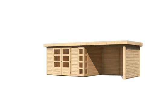 Karibu Kerko 5. Nagyméretű lapostetős kerti ház, modern sarokablakkal, oldal- és hátfallal rendelkező bővítménnyel/terasszal, natúr fából 557 cm x 246 cm