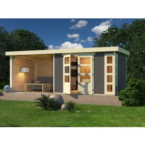   Karibu Kerko 5. Nagyméretű lapostetős kerti ház, modern sarokablakkal, oldal- és hátfallal rendelkező bővítménnyel/terasszal, terra szürke színű fából 557 cm x 246 cm