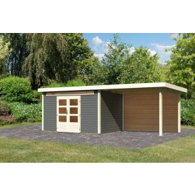   Karibu Kandern 7. Kerti ház, hátfallal rendelkező bővítménnyel/terasszal, terra szürke színű fából 655 cm x 244 cm