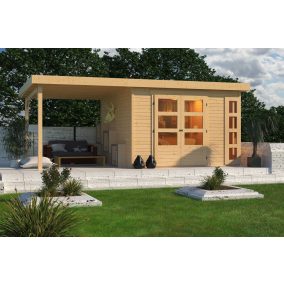   Karibu Kerko 6. Nagyméretű lapostetős kerti ház, modern sarokablakkal, bővítménnyel/terasszal, natúr fából 522 cm x 306 cm
