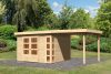 Karibu Kerko 6. Nagyméretű lapostetős kerti ház, modern sarokablakkal, bővítménnyel/terasszal, natúr fából 522 cm x 306 cm