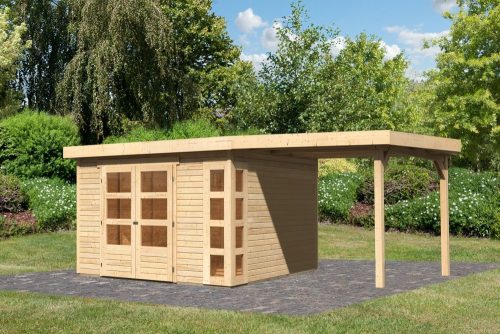 Karibu Kerko 6. Nagyméretű lapostetős kerti ház, modern sarokablakkal, bővítménnyel/terasszal, natúr fából 522 cm x 306 cm
