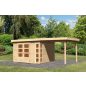   Karibu Kerko 6. Nagyméretű lapostetős kerti ház, modern sarokablakkal, bővítménnyel/terasszal, natúr fából 522 cm x 306 cm