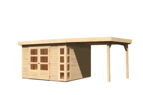 Karibu Kerko 6. Nagyméretű lapostetős kerti ház, modern sarokablakkal, bővítménnyel/terasszal, natúr fából 522 cm x 306 cm