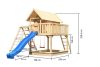 Karibu Fidel 2. cölöpös fa játszóház létrával, kültéri kerti játszóház, kék csúszdával, dupla hintával, mászókával