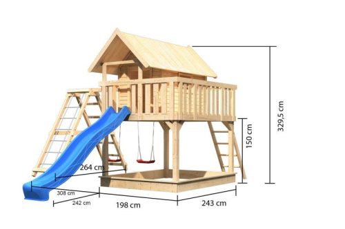 Karibu Fidel 2. cölöpös fa játszóház létrával, kültéri kerti játszóház, kék csúszdával, dupla hintával, mászókával