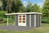 Karibu Retola 5. Lapostetős nagyméretű kerti ház beépített oldalsó tárolóval, bővítménnyel/terasszal,  terra szürke színű fából 597 cm x 217 cm