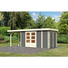   Karibu Retola 5. Lapostetős nagyméretű kerti ház beépített oldalsó tárolóval, bővítménnyel/terasszal,  terra szürke színű fából 597 cm x 217 cm