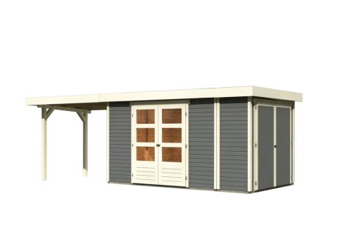 Karibu Retola 5. Lapostetős nagyméretű kerti ház beépített oldalsó tárolóval, bővítménnyel/terasszal, terra szürke színű fából 632 cm x 217 cm