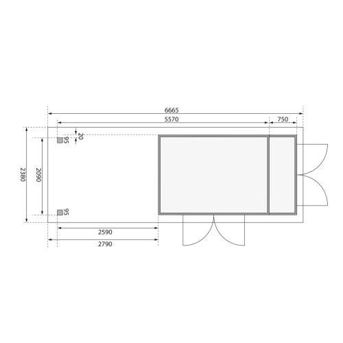 Karibu Retola 5. Lapostetős nagyméretű kerti ház beépített oldalsó tárolóval, bővítménnyel/terasszal, terra szürke színű fából 632 cm x 217 cm