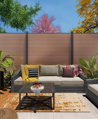 Rojaplast MODERN WPC kerítéspanel 180×180 cm végzárókkal – teak, vízszintes vagy függőleges kialakítás