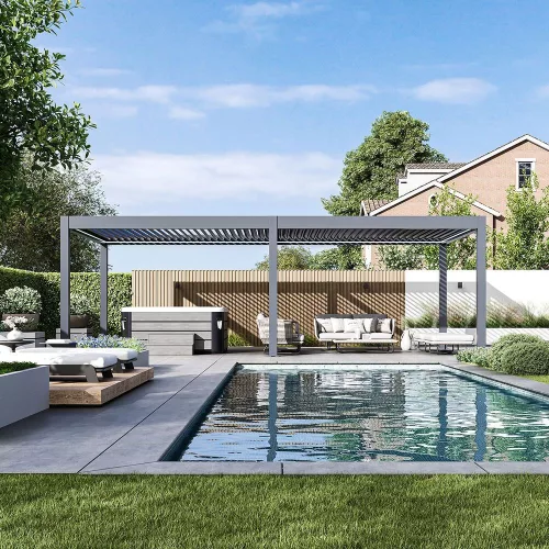 Rojaplast PRESTIGE 8×4 m elektromos bioklimatikus pergola – prémium alumínium árnyékoló LED-világítással és motoros lamellákkal