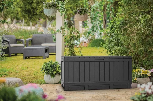 Keter KENTWOOD kerti tároló box – 350 L, ülhető párnatartó, grafit
