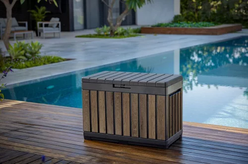 Keter KENTWOOD kerti tároló box – 190 L, ülhető párnatartó, walnut