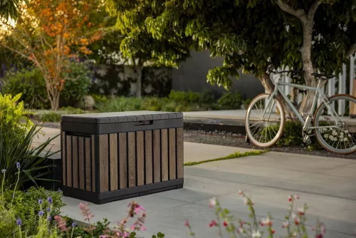 Keter KENTWOOD kerti tároló box – 190 L, ülhető párnatartó, walnut