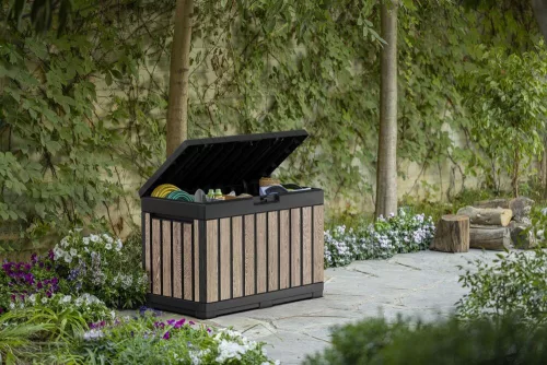 Keter KENTWOOD kerti tároló box – 190 L, ülhető párnatartó, ashwood