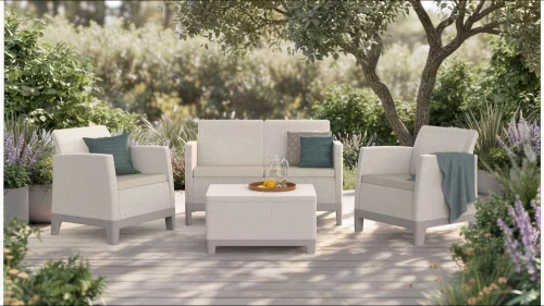 Keter SCANDI FORMA kerti bútor szett – 4 személyes, sofa + 2 fotel + tárolós asztal, Pebble grey / Soft beige