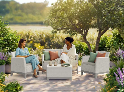 Keter SCANDI FORMA kerti bútor szett – 4 személyes, sofa + 2 fotel + tárolós asztal, Pebble grey / Soft beige