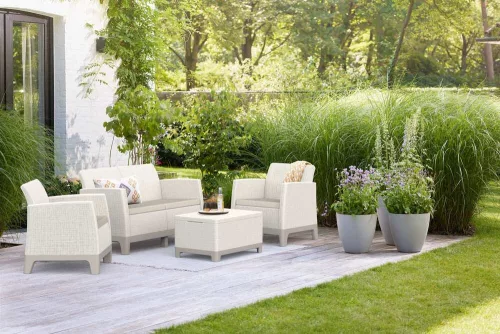 Keter SCANDI FORMA kerti bútor szett – 4 személyes, sofa + 2 fotel + tárolós asztal, Pebble grey / Soft beige
